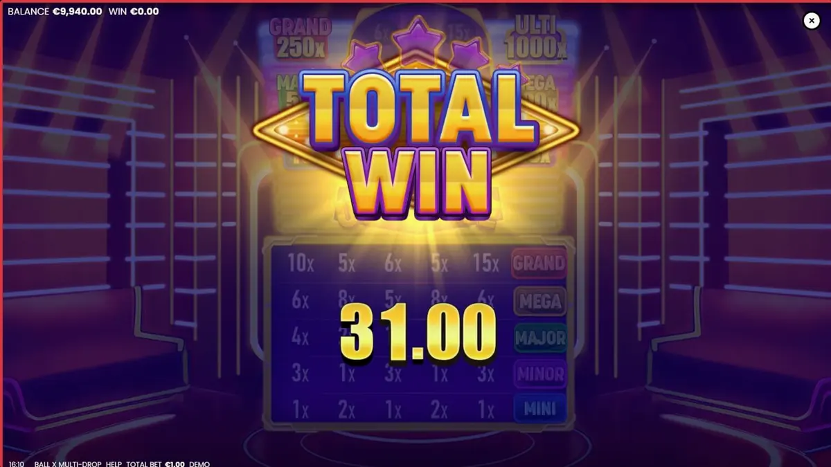 Interface neon do slot Ball X Multi-Drop com símbolos de frutas e diamantes