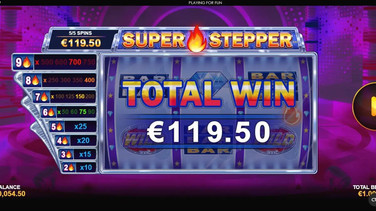 Interface neon e futurista do slot Super Stepper com a Escada de Multiplicadores em destaque.